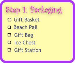 Step 1: Packaging 
  Gift Basket 
  Beach Pail 
  Gift Bag
  Ice Chest
  Gift Station